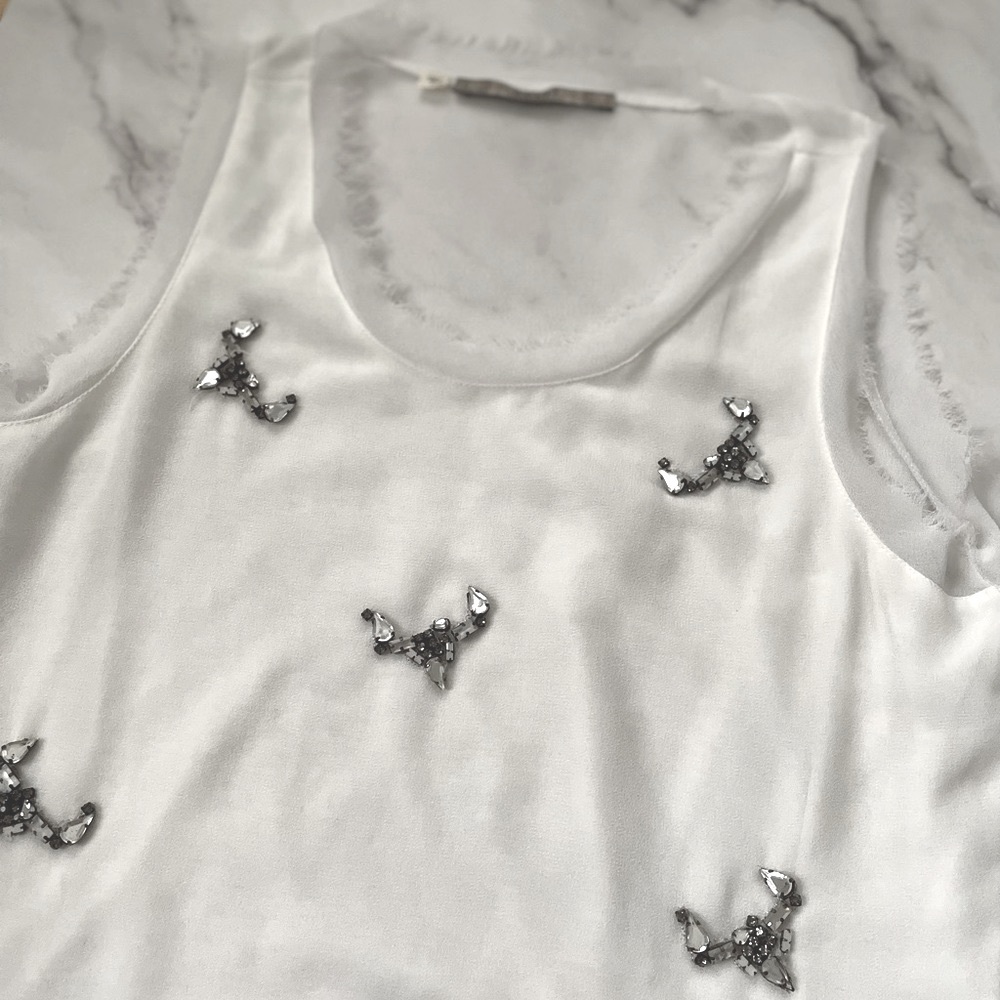 Guess sleeveless chiffon blouse with rhinestone accents